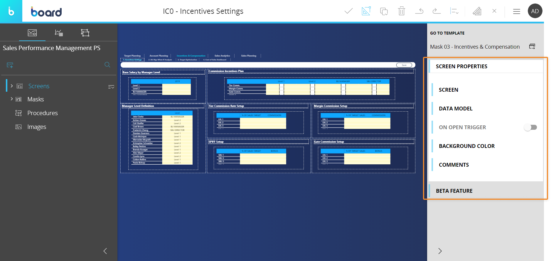 Right panel for the Screen in Design Mode